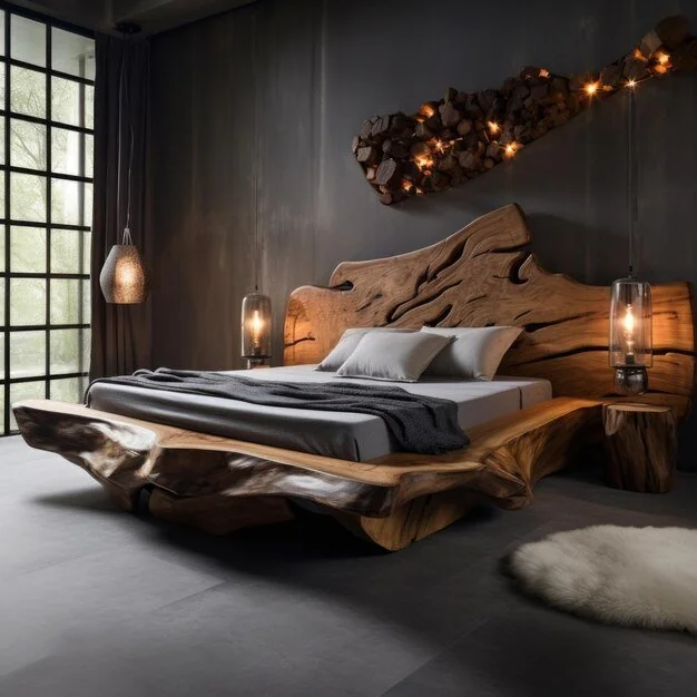 Rustic wooden bed highlighting unique craftsmanship
