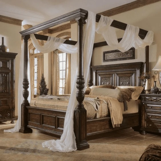 Charming bedroom with unique wood bed centerpiece