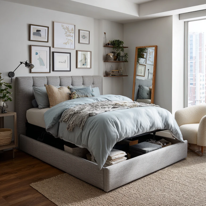 upholstered storage bed frame in compact guest room