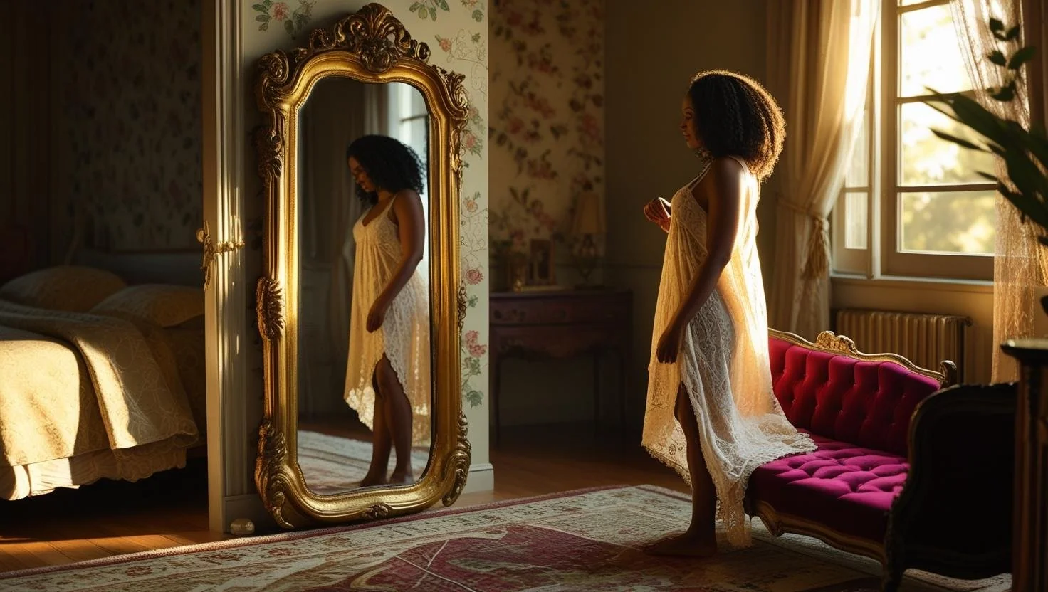 Vintage mirrors for bedroom with ornate frame reflecting natural light