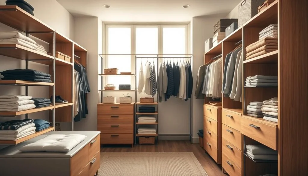 Wardrobe Organizers: A Neatly Curated Collection An elegant array of wooden and metal shelves, drawers, and hanging rods fills a well-lit, minimalist room. Soft natural light streams in through large windows, casting a warm glow on the organized storage solutions. Meticulously folded clothes, carefully arranged accessories, and neatly hung garments create a sense of order and tranquility. The composition emphasizes clean lines, neutral tones, and thoughtful functionality, capturing the essence of an efficiently organized wardrobe. A wide-angle lens captures the full scope of this harmonious space, inviting the viewer to envision their own tailored closet solutions.