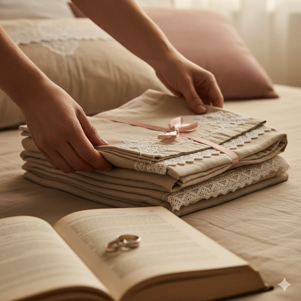 This decorative bedroom scene shows symbolic florals and a blessed bed, illustrating how wedding bedding ceremonies merged sacred meaning with privacy.