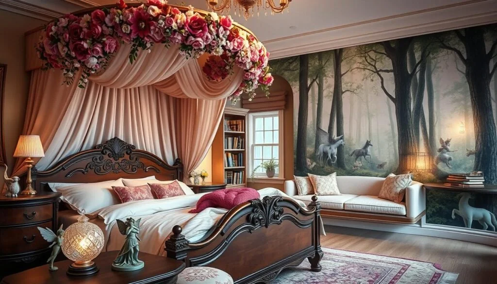 a bedroom interior with a fairy tale theme, with a large ornate wooden bed frame, soft pastel bedding, and a whimsical floral canopy cascading above it. In the foreground, there are delicate fairy figurines and a nightstand with a glowing crystal lamp. The middle ground features a window seat with plush cushions, a cozy reading nook, and a floating bookshelf with old fantasy books. The background showcases a mural on the wall, depicting a forest scene with mythical creatures like unicorns and pixies. The lighting is soft and warm, creating a cozy and enchanting atmosphere. The overall composition evokes a sense of magic and wonder, perfect for a fairy-themed bedroom. a bedroom interior with a fairy tale theme, with a large ornate wooden bed frame, soft pastel bedding, and a whimsical floral canopy cascading above it. In the foreground, there are delicate fairy figurines and a nightstand with a glowing crystal lamp. The middle ground features a window seat with plush cushions, a cozy reading nook, and a floating bookshelf with old fantasy books. The background showcases a mural on the wall, depicting a forest scene with mythical creatures like unicorns and pixies. The lighting is soft and warm, creating a cozy and enchanting atmosphere. The overall composition evokes a sense of magic and wonder, perfect for a fairy-themed bedroom.