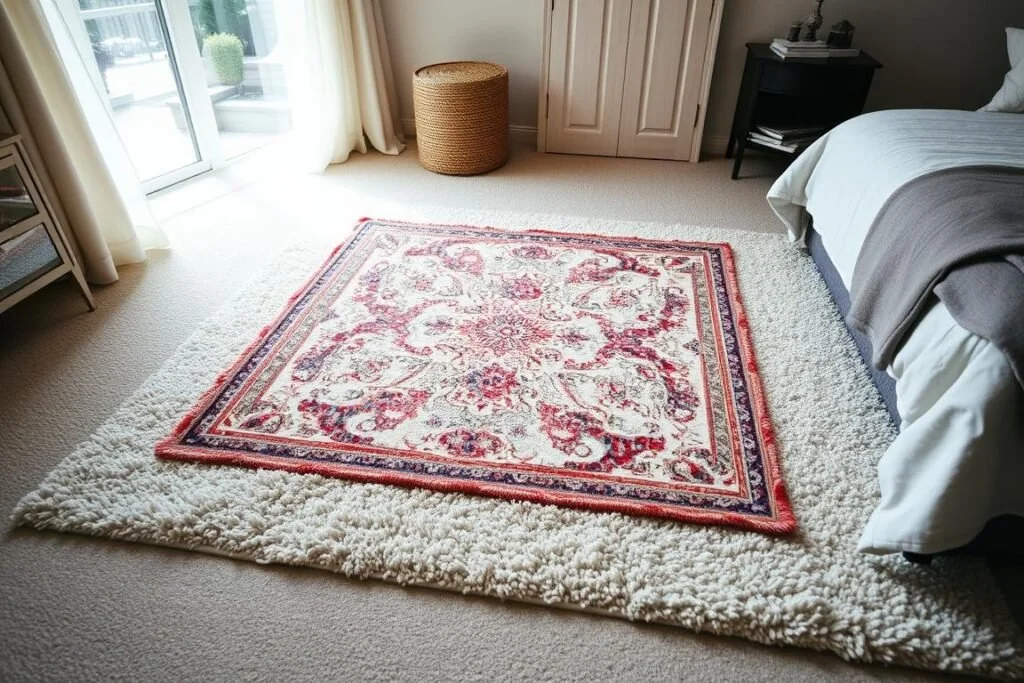 Layering Rugs in Bedroom shown step-by-step with a base rug and top ru featuring layer rugs bedroom designer