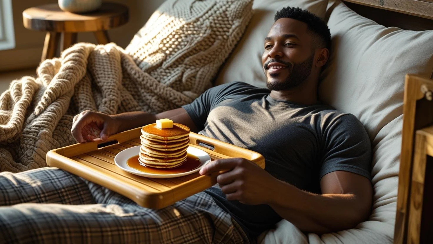 Wood and metal bed tray styles in a modern bedroom