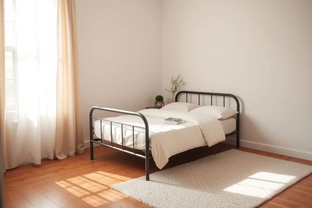 small bedroom layout ideas – bed under window for balanced focal point - arrange furniture small bedroom