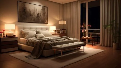 A warm combination of lighting fixtures enhances the bedroom lighting experience