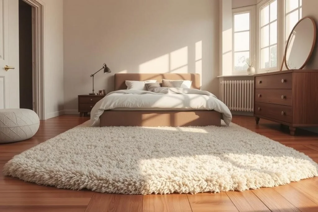 A bedroom rug guide showing an 8x10 rug under a queen bed with 24-inch featuring definitive bedroom rug