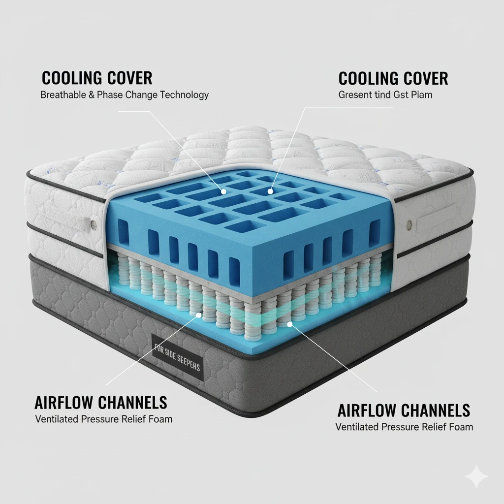 Cooling features in the best mattress for side sleepers, showing breat featuring mattress side sleepers