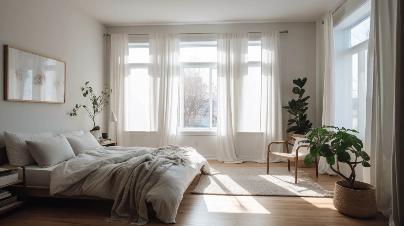 Serene Bedroom Sanctuary with bright natural light and sheer curtains