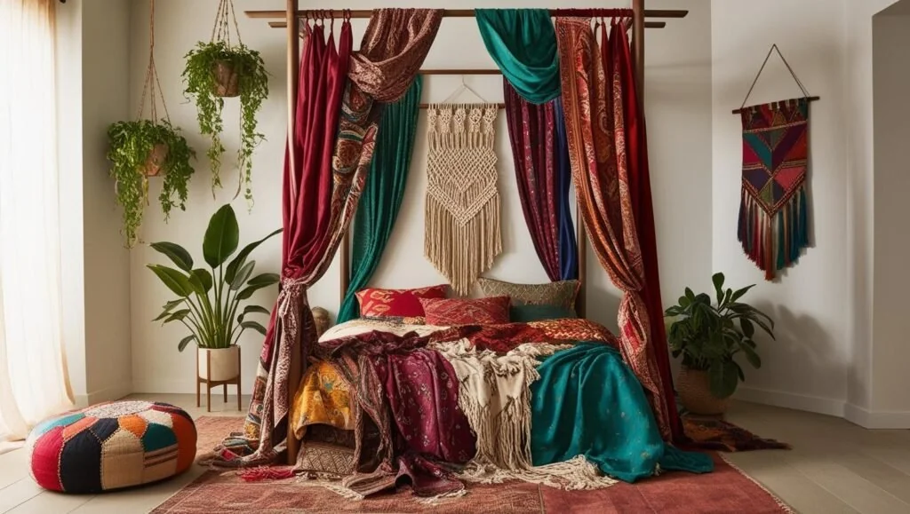 Boho-style canopy bed with colorful fabrics and decor