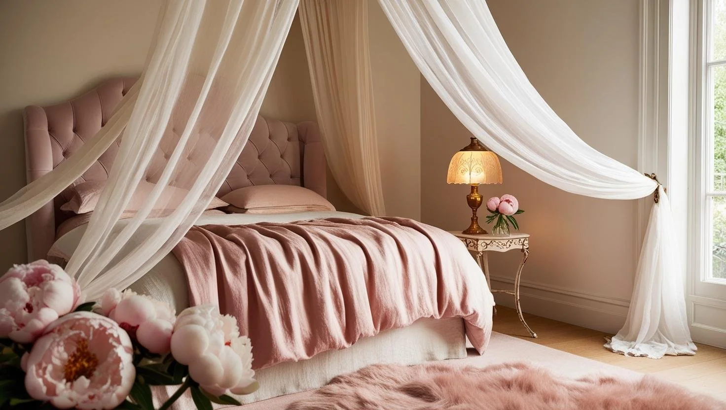 canopy bed decor with sheer white curtains in a sunlit bedroom