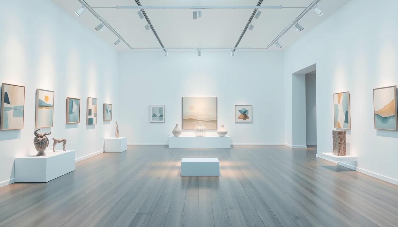 Gallery wall with light blue bedroom accessories and calming art