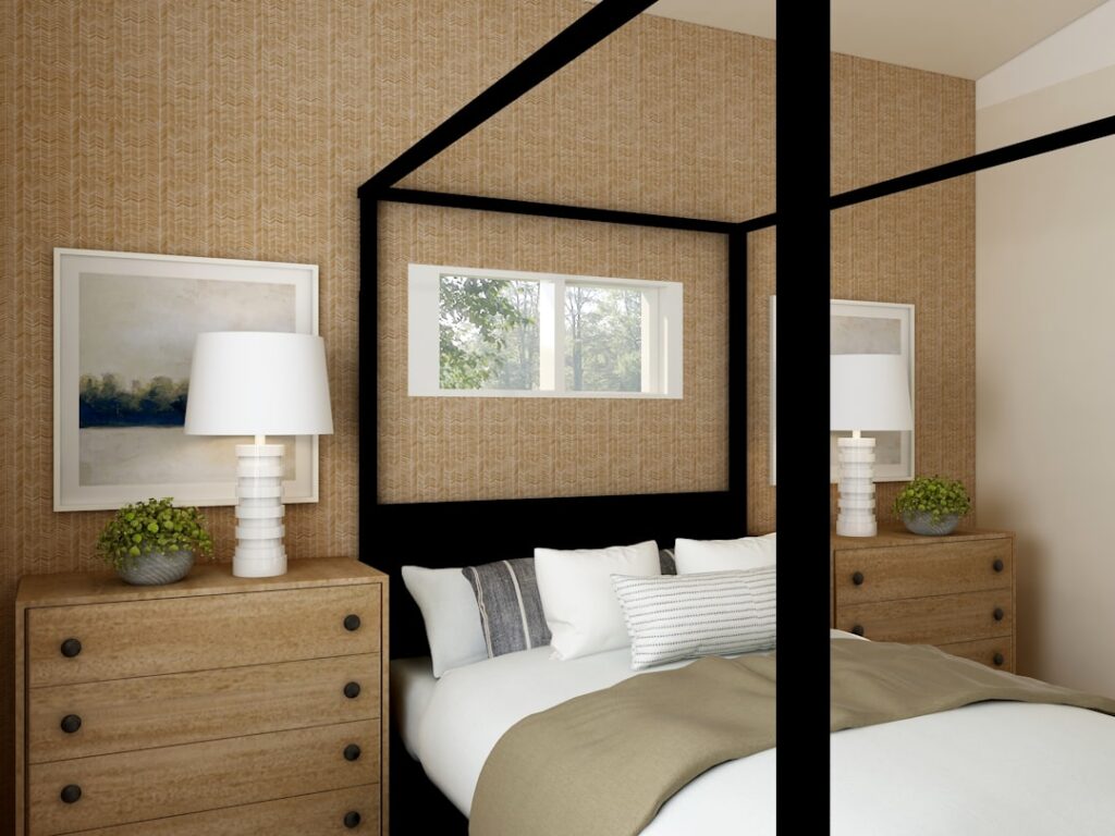 How to choose a king bed frame: black canopy frame in a neutral bedroom