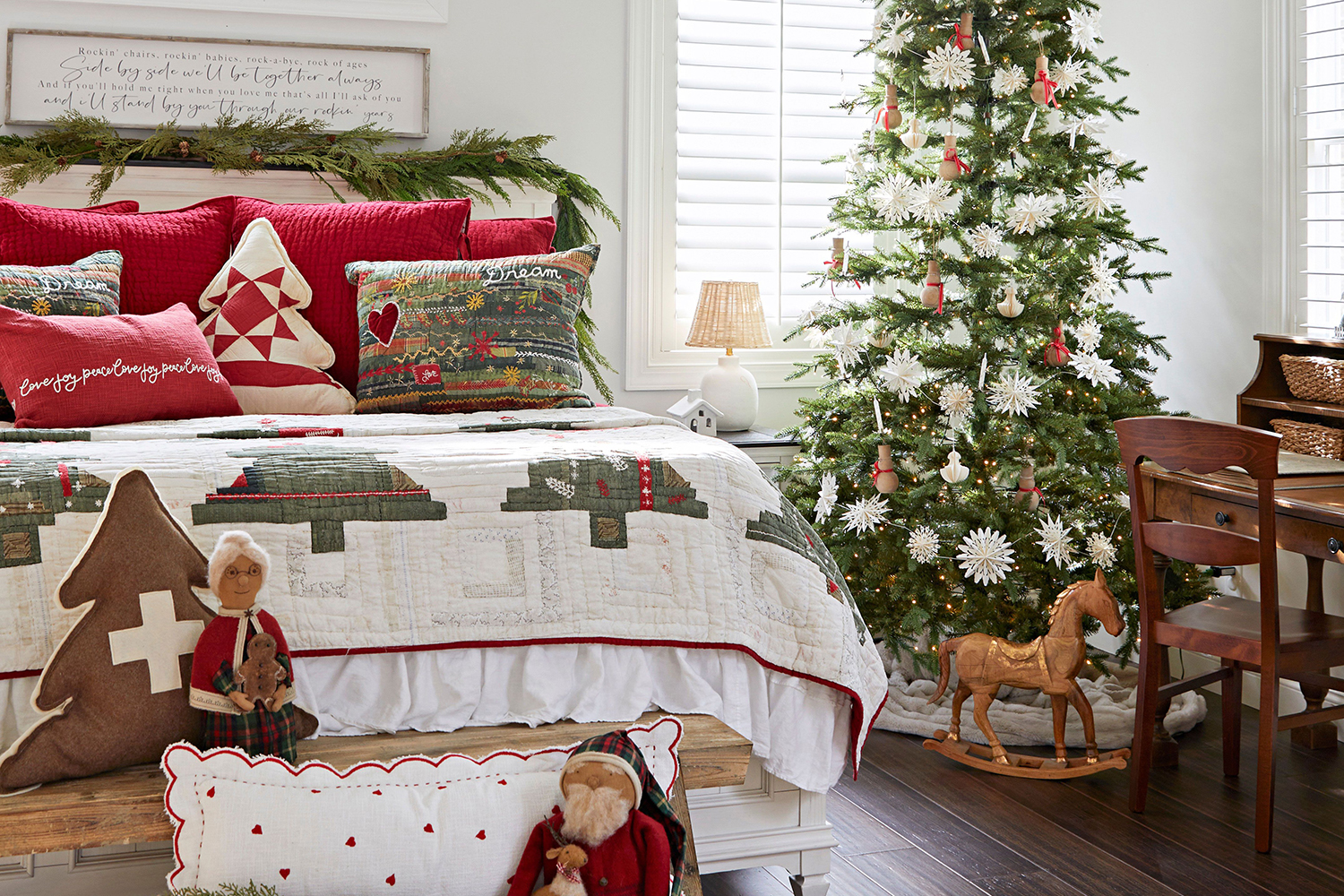 Cozy Christmas Bedroom with festive red bedding, quilted throw, holida featuring style christmas bedroom december