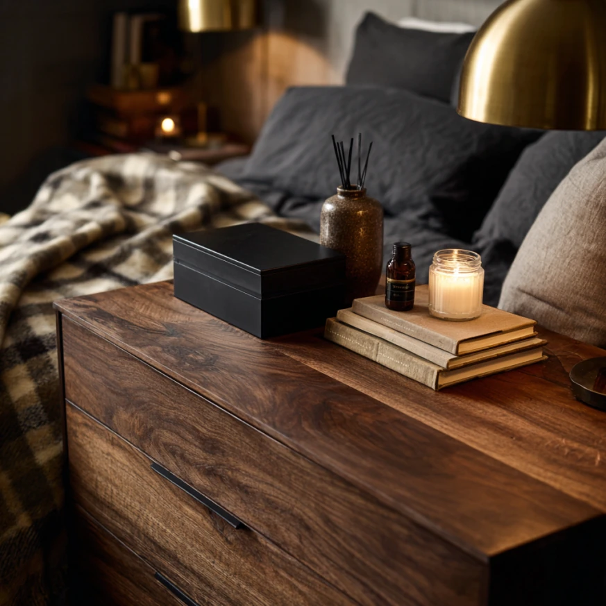 close-up of walnut dresser styled with masculine bedroom accessories and metal accents