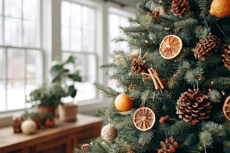 Christmas Bedroom Aesthetic Holidays - Rustic natural Christmas tree decorated with dried orange slices, cinn