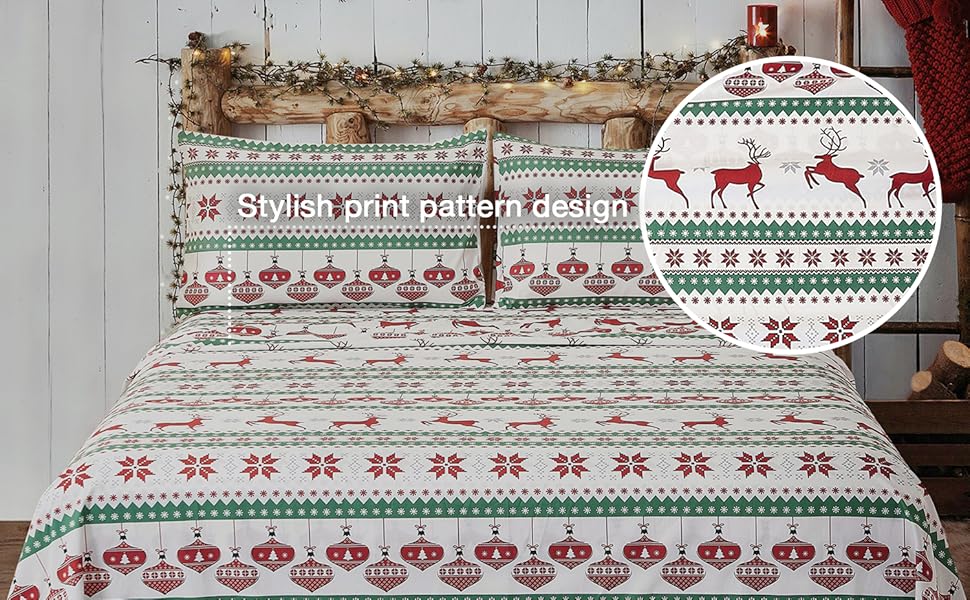 Cozy bedroom featuring reindeer and plaid patterns on the best Christm featuring christmas bed sheets festive