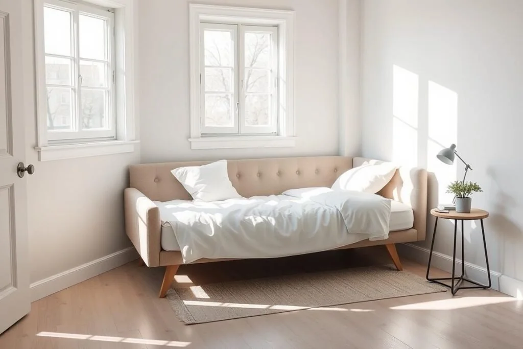 daybed with desk – flexible small bedroom layout ideas - arrange furniture small bedroom