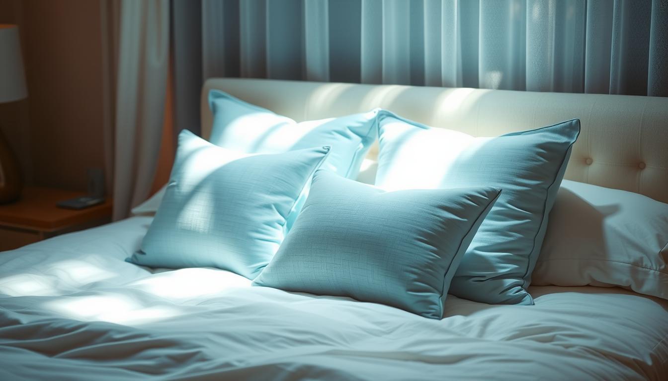 Elegant light blue bedroom accessories including decorative pillows