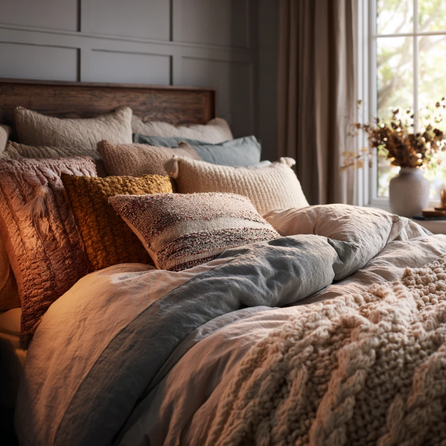 bedroom with seasonal duvet covers and layered decor