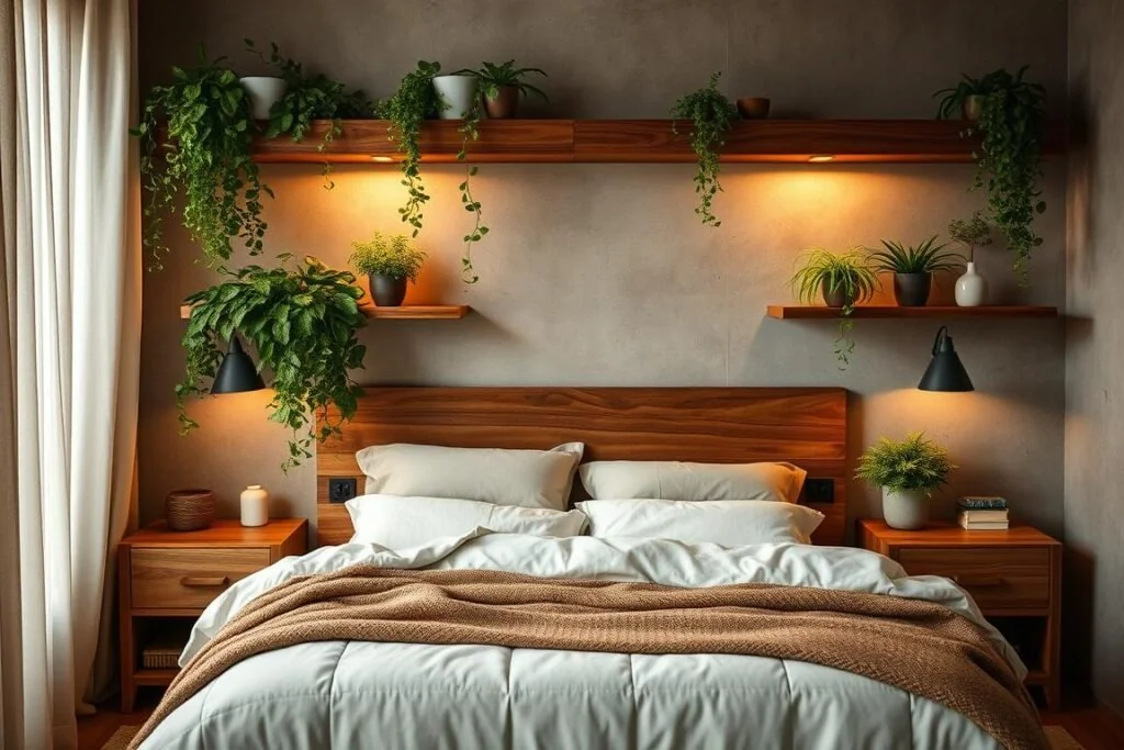Earthy bedroom tones with sage walls, walnut wood, and charcoal beddin featuring masculine bedroom color schemes