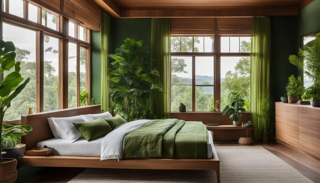 sustainable sleep products in eco-friendly bedroom with green decor 
