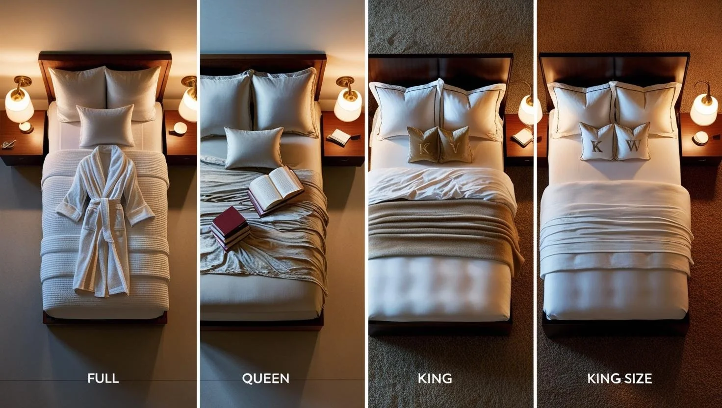Visual comparison of full, queen, and king bed widths