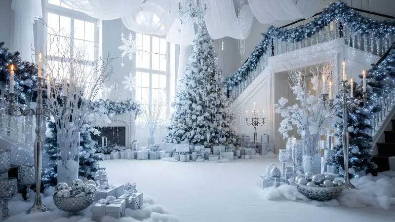 Elegant winter wonderland bedroom with icy blue duvet cover, silver ac featuring christmas duvet covers