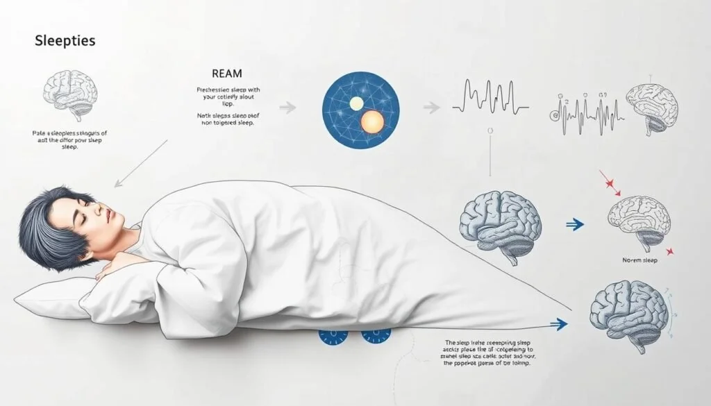 high detailed scientific illustration of the stages of human sleep cycles, with a focus on the different phases of sleep, REM and non-REM sleep, shown through anatomical diagrams and brain activity visualizations. Textbook-style illustration with clean, minimalist white background, accurate medical imagery, precise technical drawings, and muted color palette. Crisp, high-resolution image with sharp focus and realistic rendering. Soft, indirect lighting from the side to create depth and emphasize the technical aspects. Camera positioned at eye level to give a clear, comprehensive view of the sleep cycle process. high detailed scientific illustration of the stages of human sleep cycles, with a focus on the different phases of sleep, REM and non-REM sleep, shown through anatomical diagrams and brain activity visualizations. Textbook-style illustration with clean, minimalist white background, accurate medical imagery, precise technical drawings, and muted color palette. Crisp, high-resolution image with sharp focus and realistic rendering. Soft, indirect lighting from the side to create depth and emphasize the technical aspects. Camera positioned at eye level to give a clear, comprehensive view of the sleep cycle process.