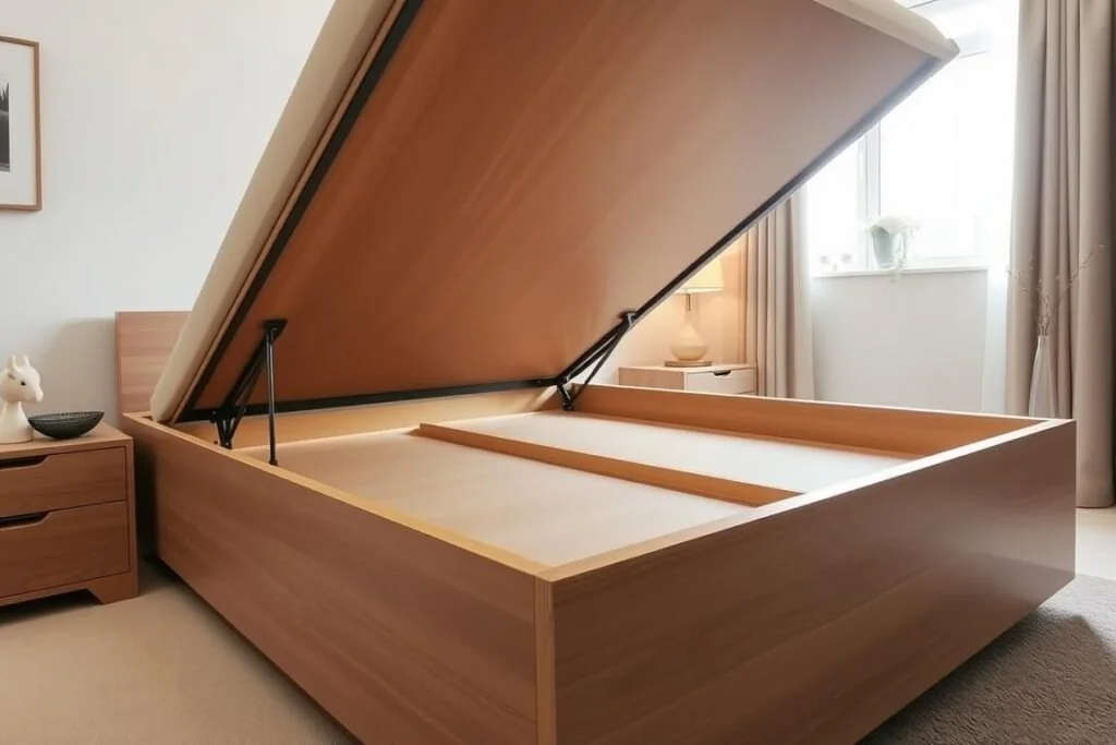A hinge-top storage bed shows how bedroom furniture space saving ideas keep floors clear and access easy.