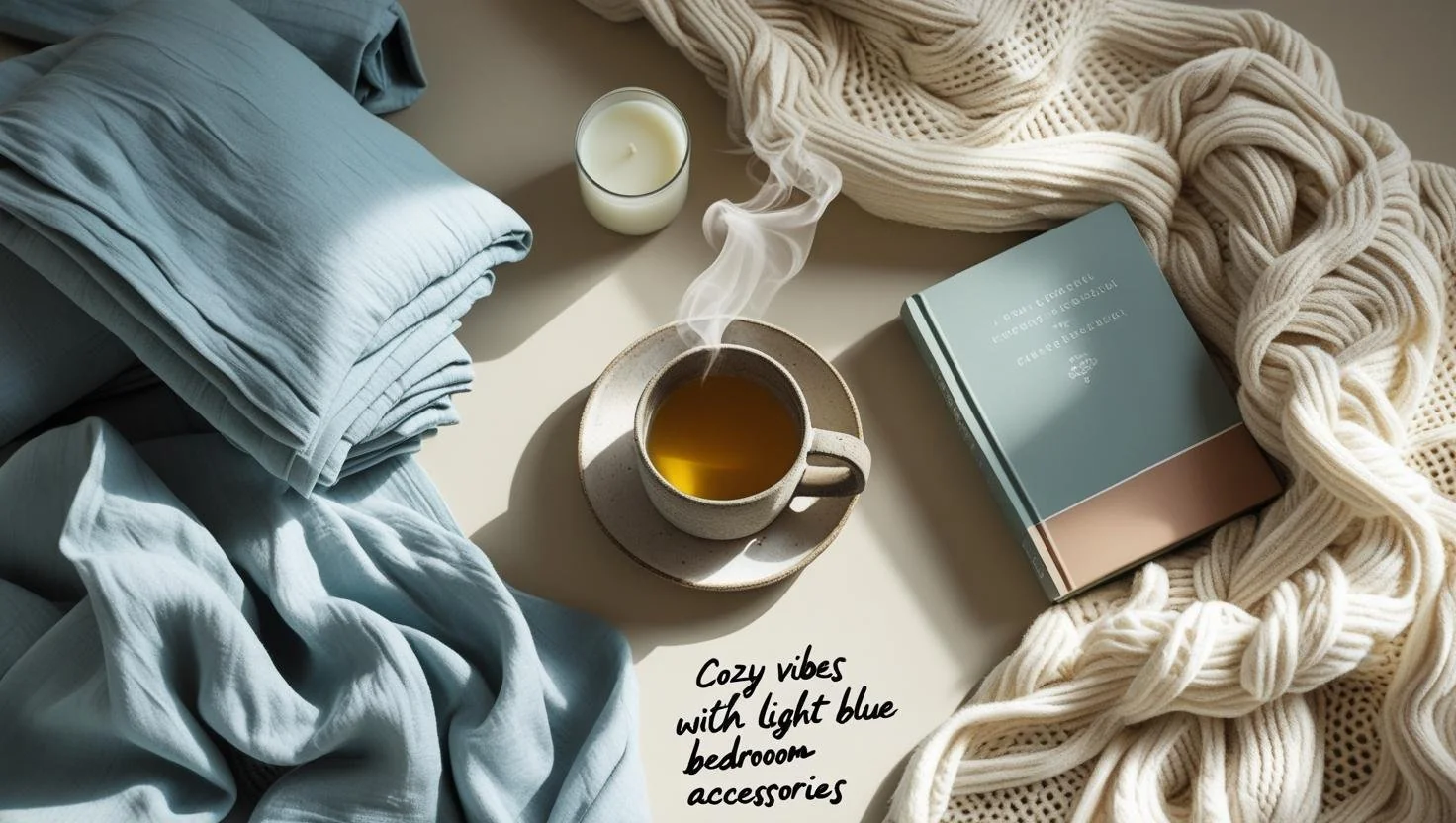 cozy corner showcasing light blue bedroom accessories ideas and textures