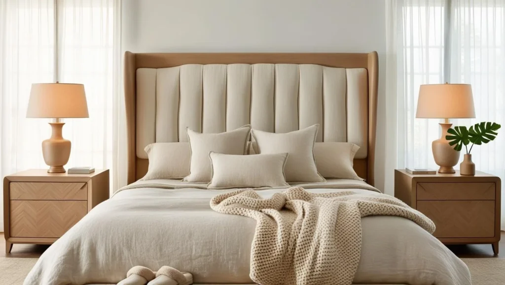 King vs california king comparison: upholstered king bed with neutral bedding between two nightstands