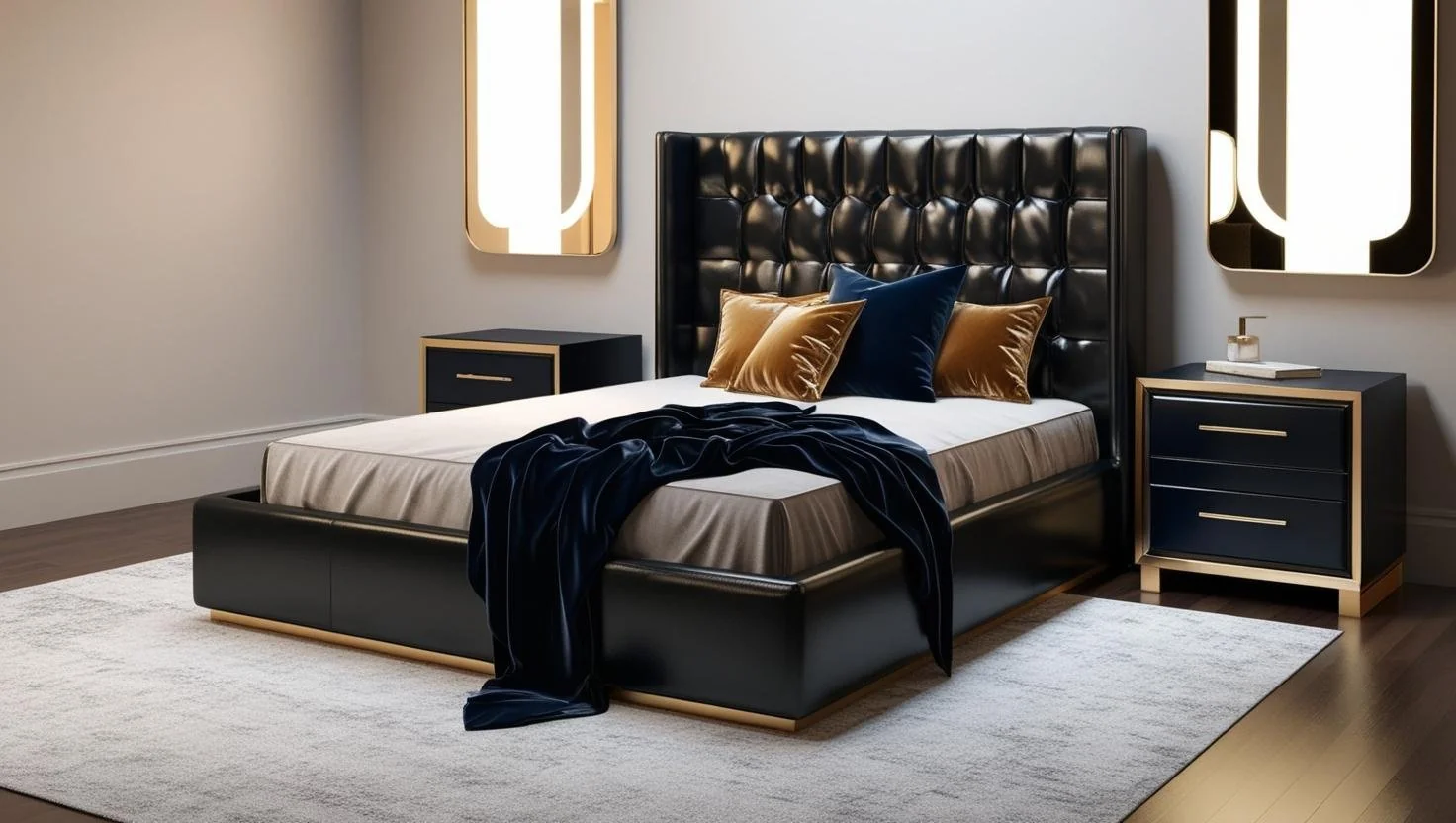 Stylish leather bedroom set with gold accessories and soft textures