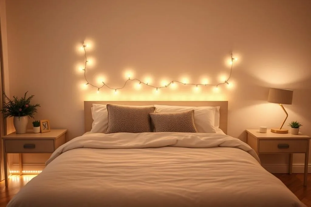 Cozy Bedroom Lighting with LED accents behind headboard and shelves - create lighting bedroom