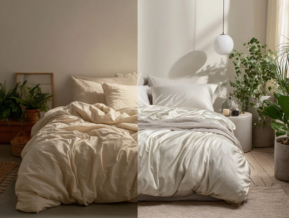 Unmade bed with soft recycled microfiber sheets in cozy bedroom