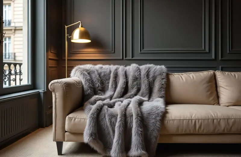 Christmas Throws Blankets Warm - Luxury gray faux fur throw blanket draped on tan leather sofa in moder