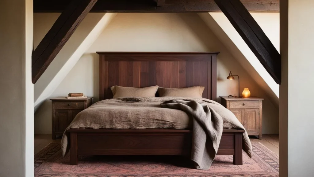 Solid dark wood bed frame with panelled headboard in a beamed attic bedroom
