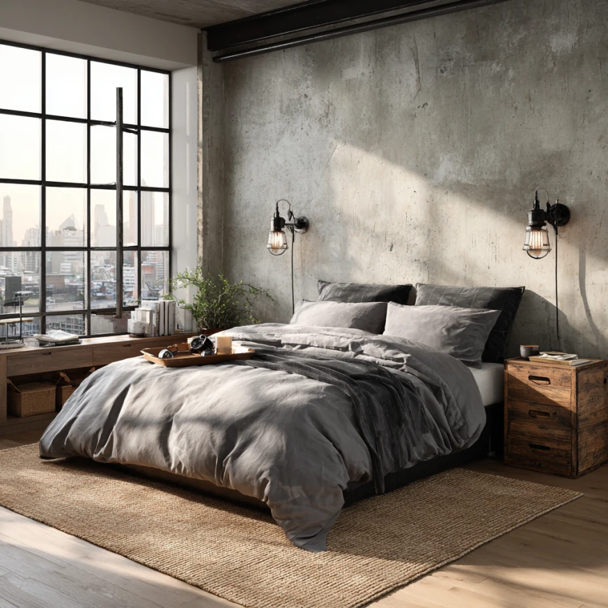 industrial lighting and warm LED backlighting highlighting masculine bedroom accessories