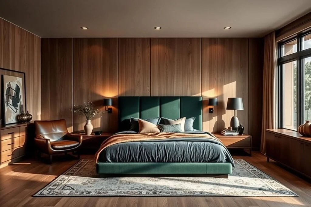 Men's bedroom color schemes with gray, beige, and walnut furniture cre featuring masculine bedroom color schemes