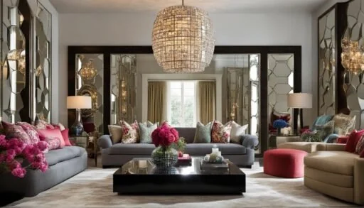 This image shows mirrors and wall decor reflecting light to make a living room feel larger.