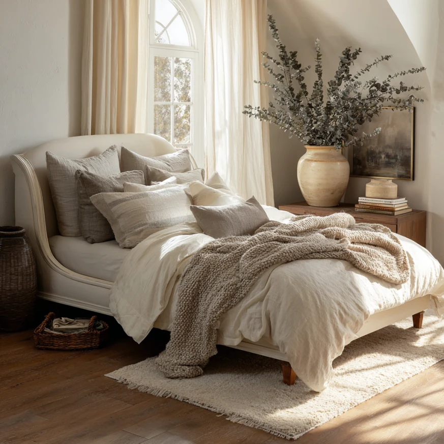 This photo features a gray painted sleigh bed in a bright modern room to show how a painted sleigh bed can feel airy even in contemporary spaces.