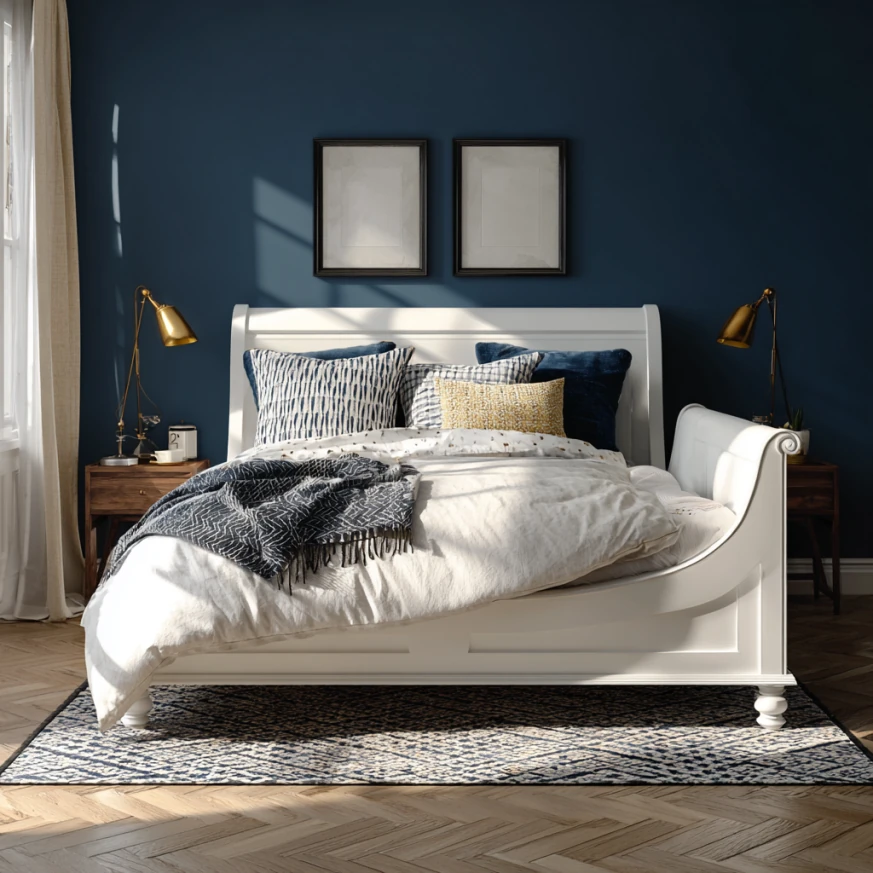 This photo shows a crisp white painted sleigh bed layered with neutral bedding to demonstrate how a painted sleigh bed becomes the room’s calm focal point.