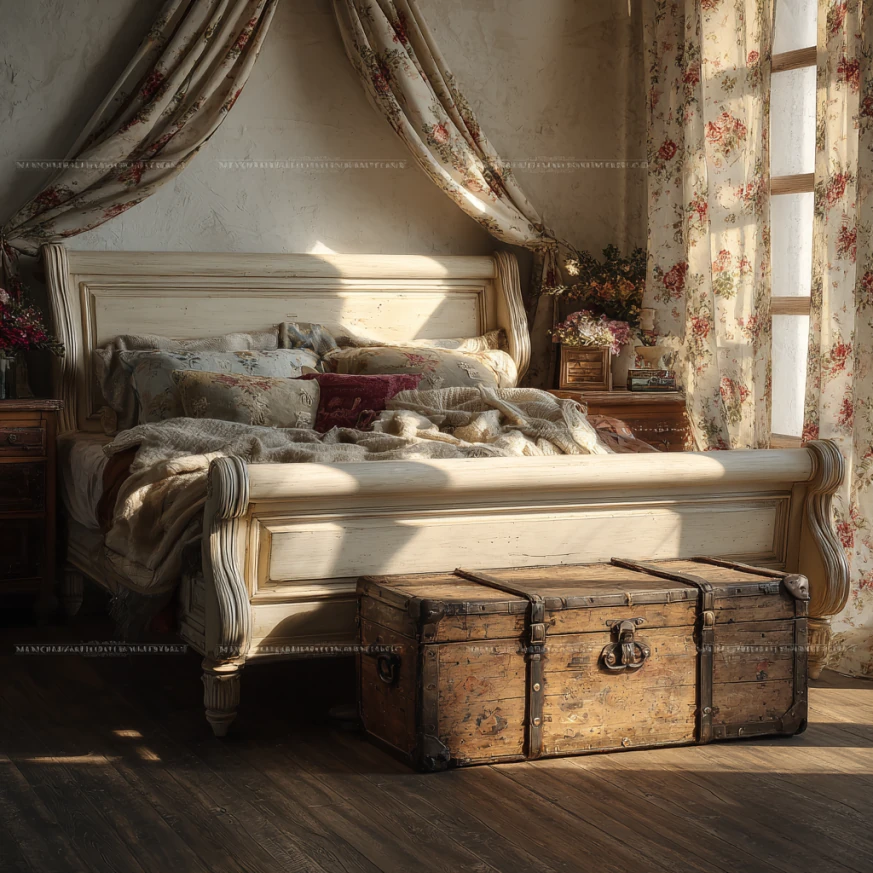 This image captures a minimalist gray painted sleigh bed to show how a painted sleigh bed can read understated and elegant with soft lighting.