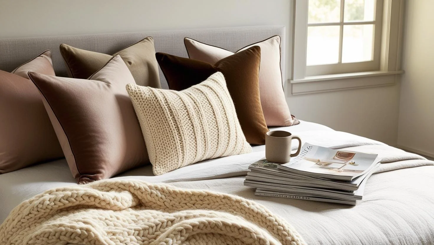 queen bed frame luxury wooden styled with throw pillows and layered bedding