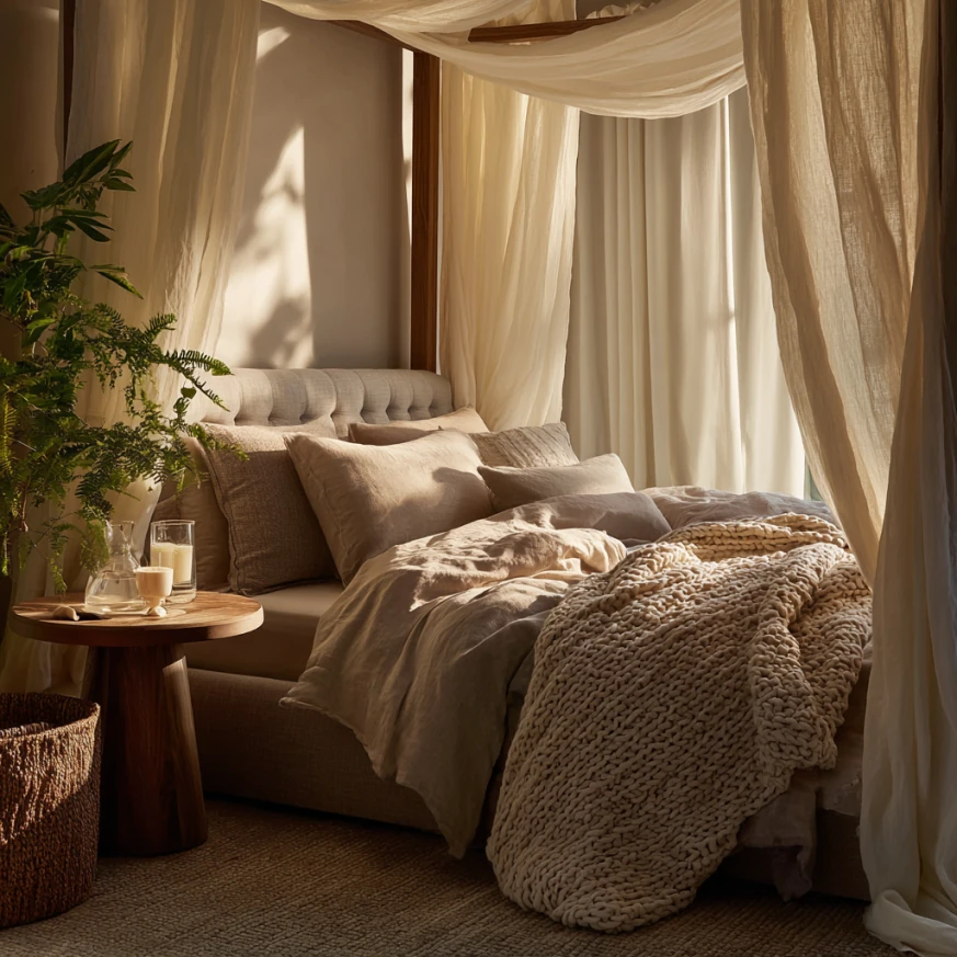 upholstered canopy bed in a romantic bedroom corner