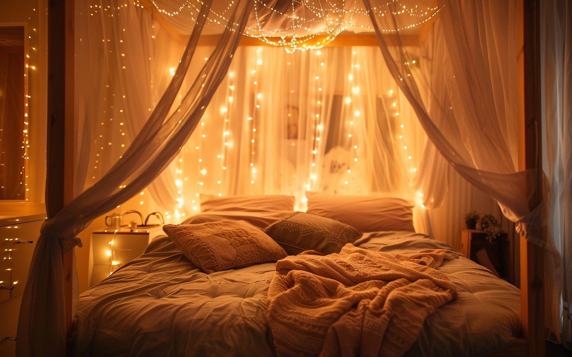 Christmas Bedroom Aesthetic Holidays - Romantic bedroom with warm golden string lights draped over four-poste