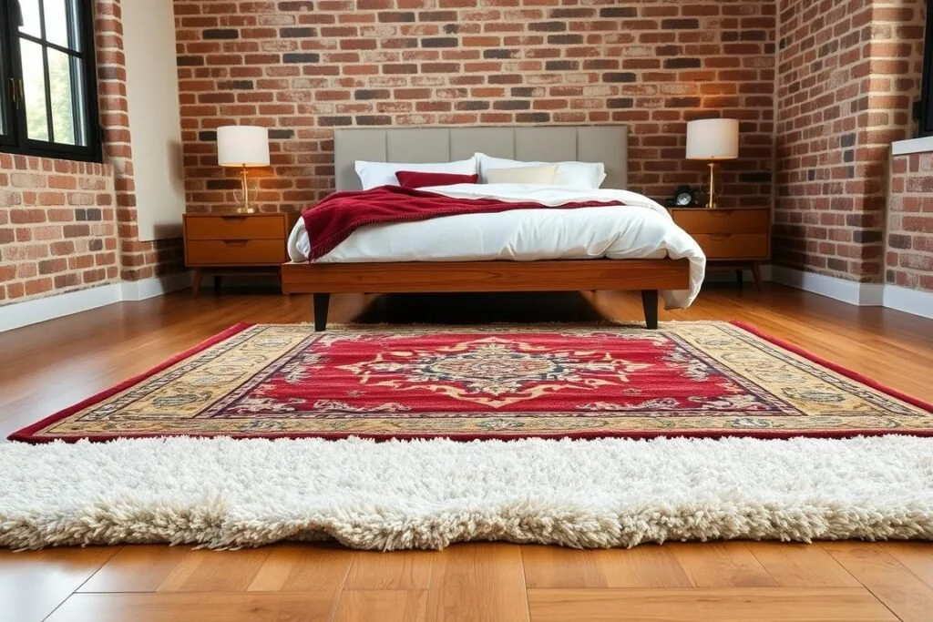 Layering Rugs in Bedroom shown with a neutral base and a patterned acc featuring layer rugs bedroom designer