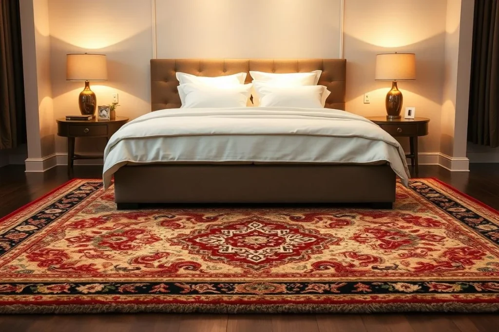 King bed styled with area rug, lamps and wooden nightstands in a warm bedroom