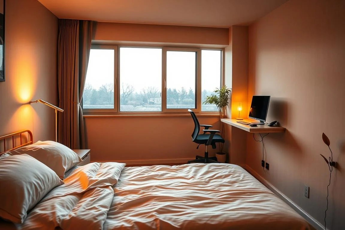 A serene space shows small bedroom ideas in action with layered lighti featuring smart ideas small